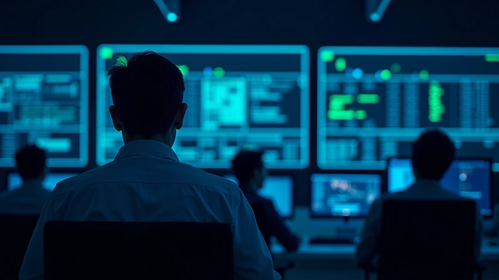 Modern siber güvenlik merkezinde görevli profesyoneller ekran panellerini izliyor