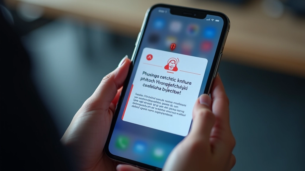 Akıllı telefonun ekranında oltalama saldırısı uyarısı ve güvenlik simgeleri