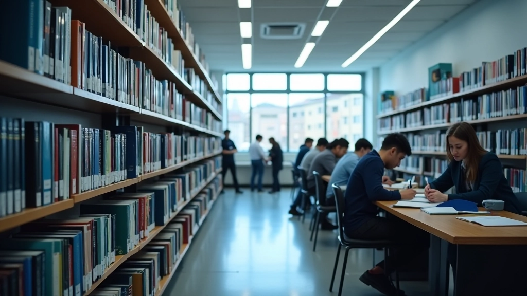 Üniversite kütüphanesi, siber güvenlik kitapları, öğrenciler çalışıyor, akademik ortam